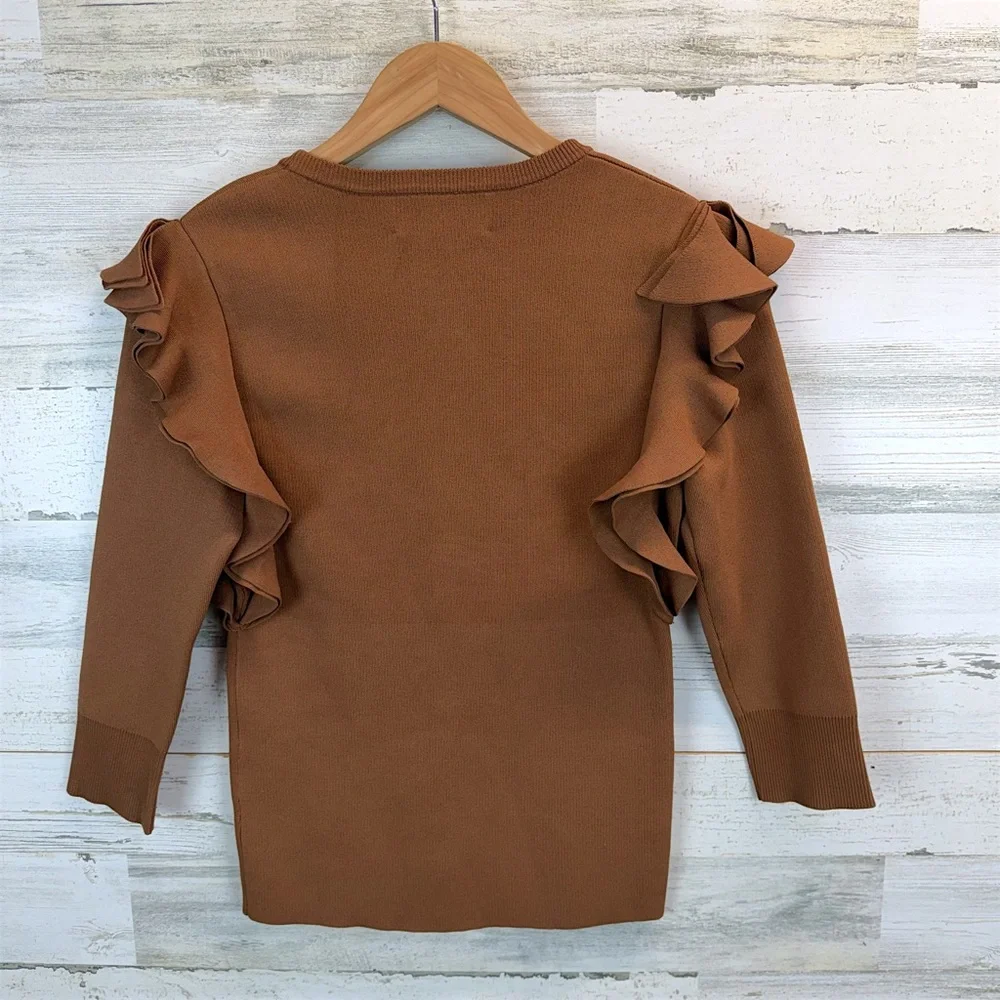 Apparalel Ruffled Shoulder Long Sleeve Top Brown Size Small - Picture 6 of 12
